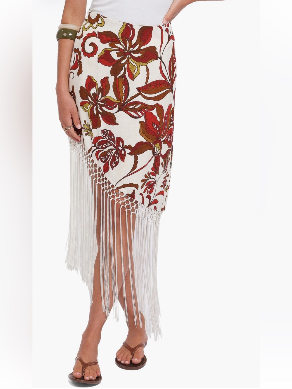 Petal & Pup Cream Midi Skirt with Red Floral Print and Fringe